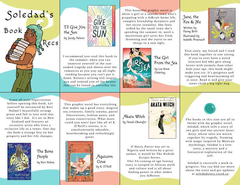 In this zine Soledad tells you about her favorite books. These stories inspired me to write Soledad and are meant to give you a vibe of what it's about.